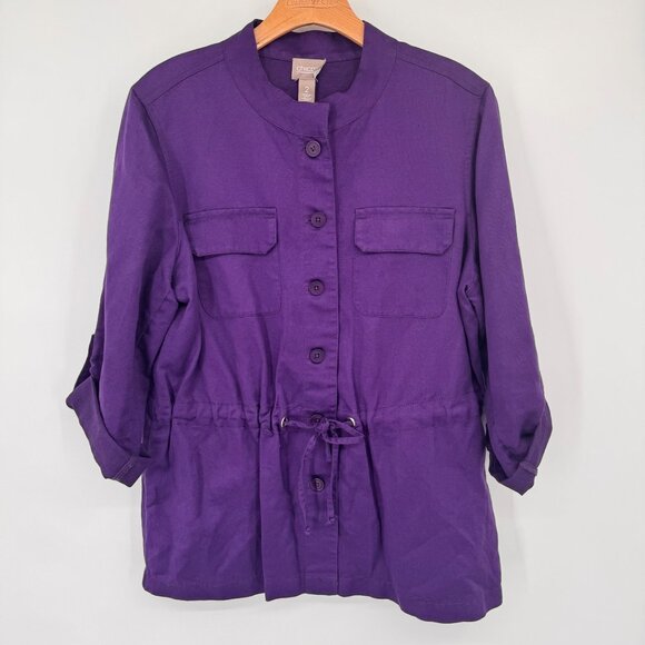 Chicos 2 Womens Purple  Jacket Drawstring Waist 3/4 Roll-Tab Sleeves Size large - Picture 4 of 10